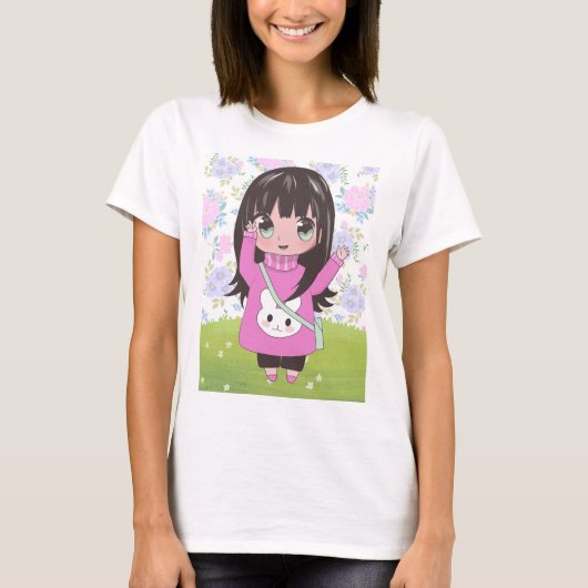 花の付いたアニメガール Tシャツ (正面)