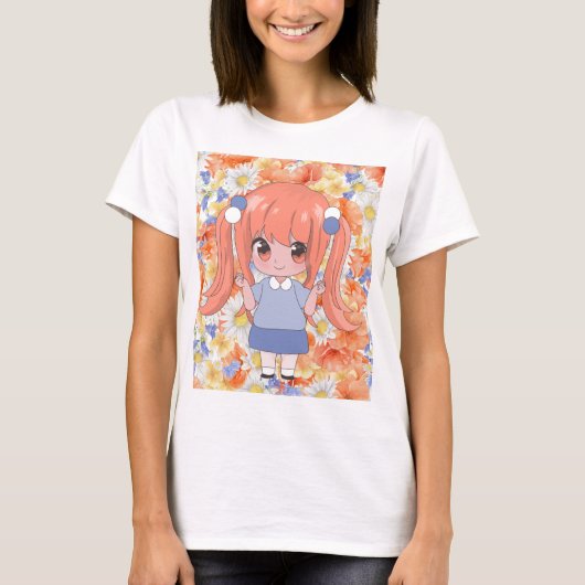 花の付いたアニメガール Tシャツ (正面)