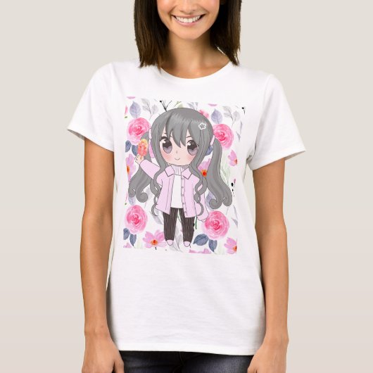 花の付いたアニメガール Tシャツ (正面)