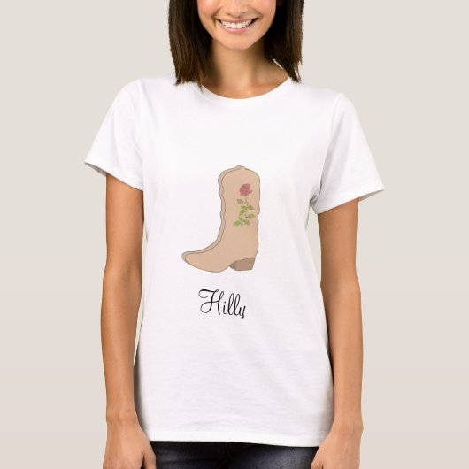 花の付いたカントリー・ベージュブーツ Tシャツ (正面)