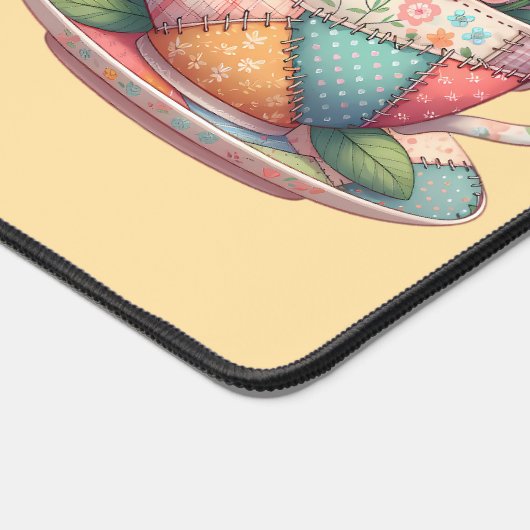 花の付いたパッチワークお洒落ティーカップ デスクマット (コーナー)