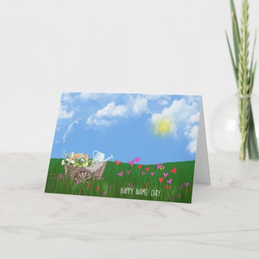 花の付いた古い手押し車 カード (正面)