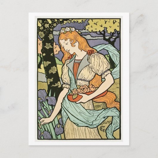 花の付いた女性アールデコヴィンテージ ポストカード (正面)