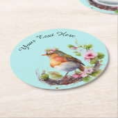 花の付いた枝に美しい鳥モノグラム ラウンドペーパーコースター (アングル)