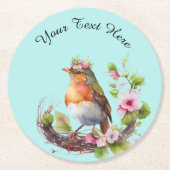 花の付いた枝に美しい鳥モノグラム ラウンドペーパーコースター (正面)