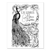 花の付いた枝の上のクジャク Ex Libris ラバースタンプ (インプリント)