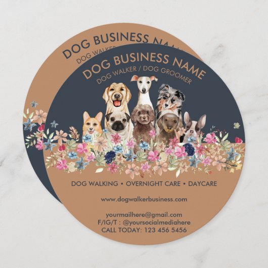 花の付いた犬が円を描く 招待状 (正面/裏面)