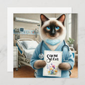 花の付いた猫ナースGet well Soon Card (正面/裏面)
