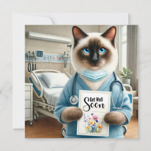 花の付いた猫ナースGet well Soon Card