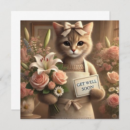 花の付いた猫Get well Soon Card (正面/裏面)