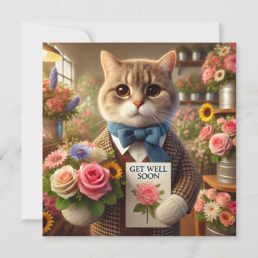花の付いた猫Get well Soon Card (正面)