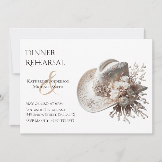 花の付いた白いカウガールハット 招待状 (正面)