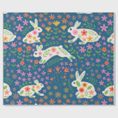 花の付いた白お洒落いカラフルバンニ ラッピングペーパー (フラット)