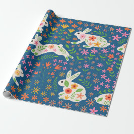 花の付いた白お洒落いカラフルバンニ ラッピングペーパー