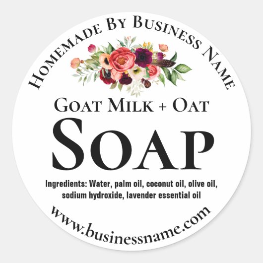 花の付いた白黒カラフル石鹸ラベル ラウンドシール (正面)