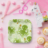 花の付いた緑のタコ ペーパープレート (パーティー)