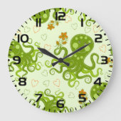 花の付いた緑のタコ ラージ壁時計 (正面)