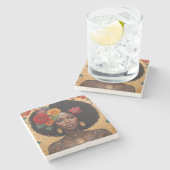 花の付いた美しいアフリカ系アメリカ人女性 ストーンコースター (横)