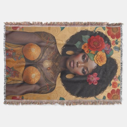 花の付いた美しいアフリカ系アメリカ人女性 スローブランケット (正面)