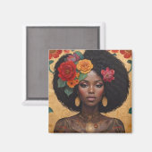 花の付いた美しいアフリカ系アメリカ人女性 マグネット (正面/裏面)