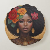花の付いた美しいアフリカ系アメリカ人女性 ラウンドクッション (裏面)