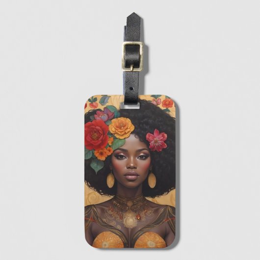 花の付いた美しいアフリカ系アメリカ人女性 ラゲッジタグ (正面縦)