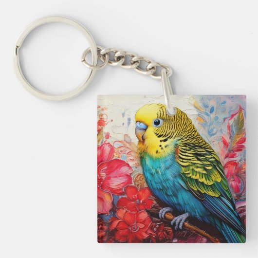 花の付いた青いインコ キーホルダー (正面)