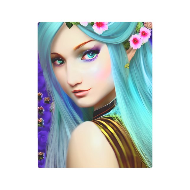 花の付いた青いエーテルの女性 メタルプリント (正面)