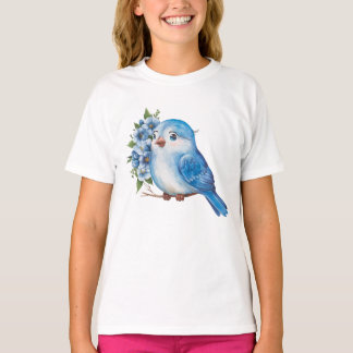 花の付いた青い鳥 Tシャツ