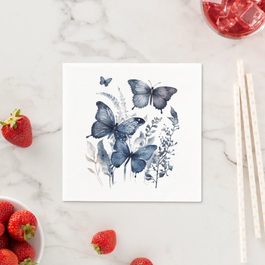 花の付いた青と白のデルフトの蝶 スタンダードカクテルナプキン (インサイチュ)