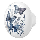 花の付いた青と白のデルフトの蝶 セラミックノブ (右)