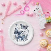 花の付いた青と白のデルフトの蝶 ペーパープレート (パーティー)