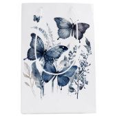 花の付いた青と白のデルフトの蝶 ミディアムペーパーバッグ (正面)