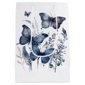 花の付いた青と白のデルフトの蝶 ミディアムペーパーバッグ (裏面)