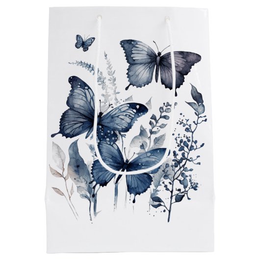 花の付いた青と白のデルフトの蝶 ミディアムペーパーバッグ (裏面)