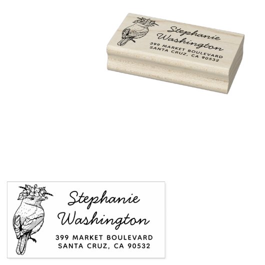 花の付いた鳥 |名前スクリプトと差出人住所 ラバースタンプ (押印)