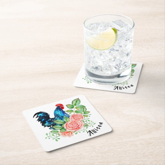 花の付いた鶏パーソナライズされた屋 スクエアペーパーコースター (インサイチュ)