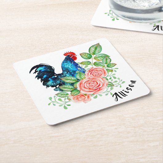 花の付いた鶏パーソナライズされた屋 スクエアペーパーコースター (アングル)