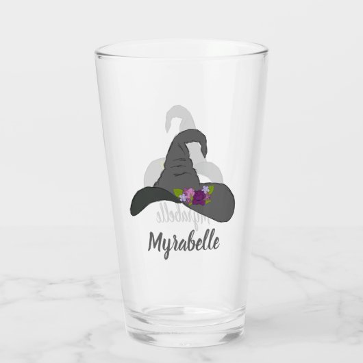 花の付いた黒い魔女の帽子パーソナライズされた タンブラーグラス (裏面)