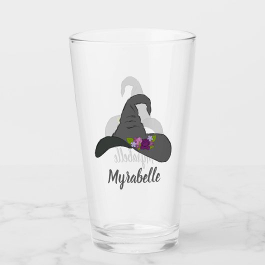 花の付いた黒い魔女の帽子パーソナライズされた タンブラーグラス (正面)