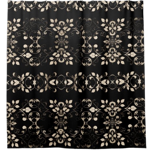 花の付いた黒とクリームのシャワーカーテン シャワーカーテン (正面)