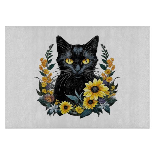 花の付いた黒猫 カッティングボード (正面)
