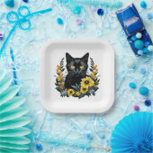 花の付いた黒猫 ペーパープレート (パーティー)
