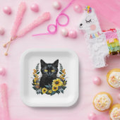 花の付いた黒猫 ペーパープレート (パーティー)