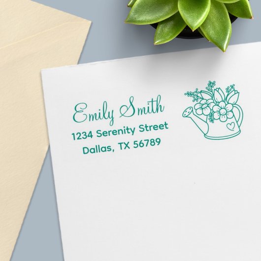 花の住所を持つ庭の散水缶 セルフインキングスタンプ