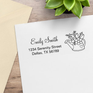 花の住所を持つ庭の散水缶 ラバースタンプ