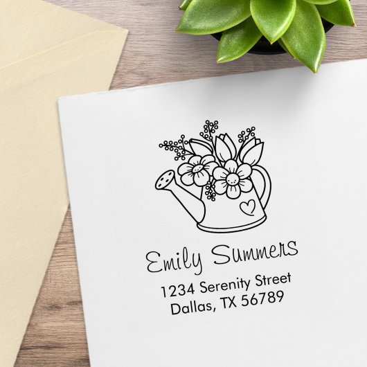 花の住所を持つ庭の散水缶 ラバースタンプ