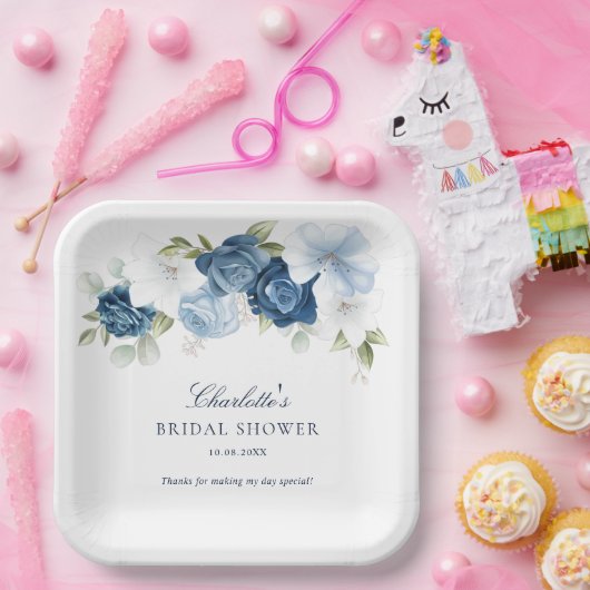 花の優しい青のボタニカル ブライダルシャワー ペーパープレート (パーティー)