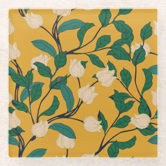 花の優雅さ: ヴィンテージの葉の模様 ガラスコースター (正面)