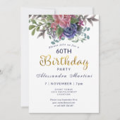 花の六十歳と素晴らしい赤いローズゴールドの誕生日 招待状 (正面)